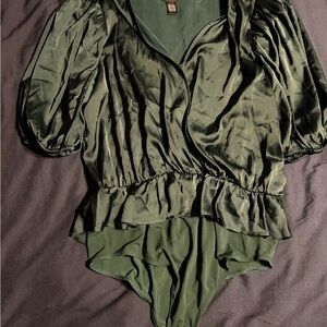 Express Dark Green V-Neck Top